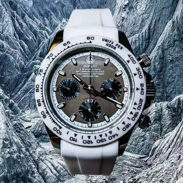 

Мужские часы OKPLAY с хронографом, 39,5 мм, кварцевые наручные часы, сапфировое зеркало, водонепроницаемость 100 м, керамический безель