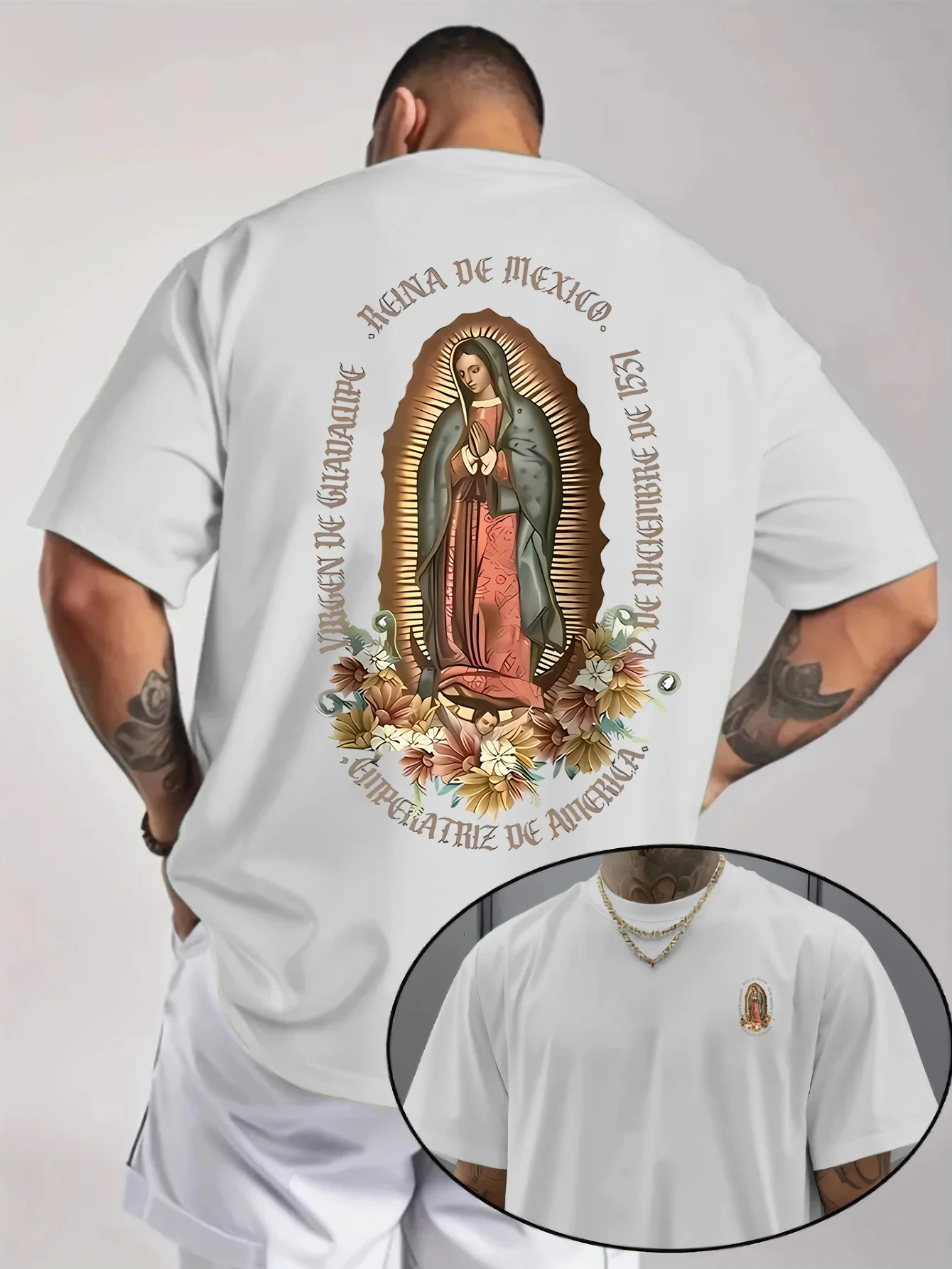 Men's religious T-shirt with a floral print of Our Lady of Guadalupe，suitable for summer daily wear and special occasions view 3