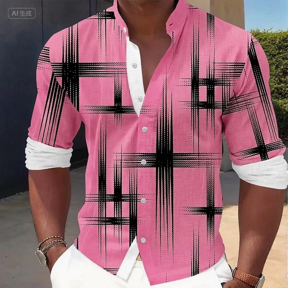 Men's Gradient Graphic Contrast Color 3D Print Casual Long Sleeve Lapel Button Shirt Men's Slim and Simple Business Top