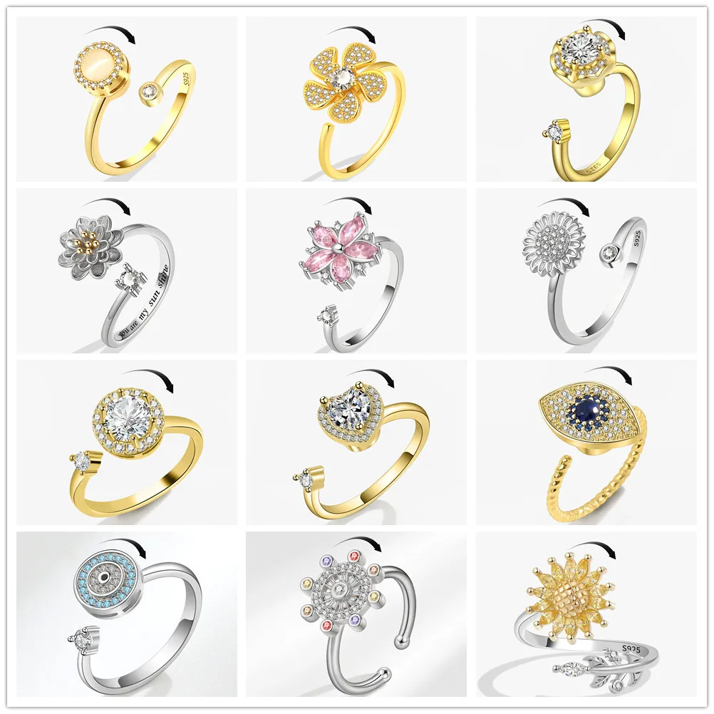 Anti Stress Evil Eyes Metal Copper Wedding Womens Rings Jewelry Sunflower Crystal Anxiety Relief Spinning Ring Bague Femme