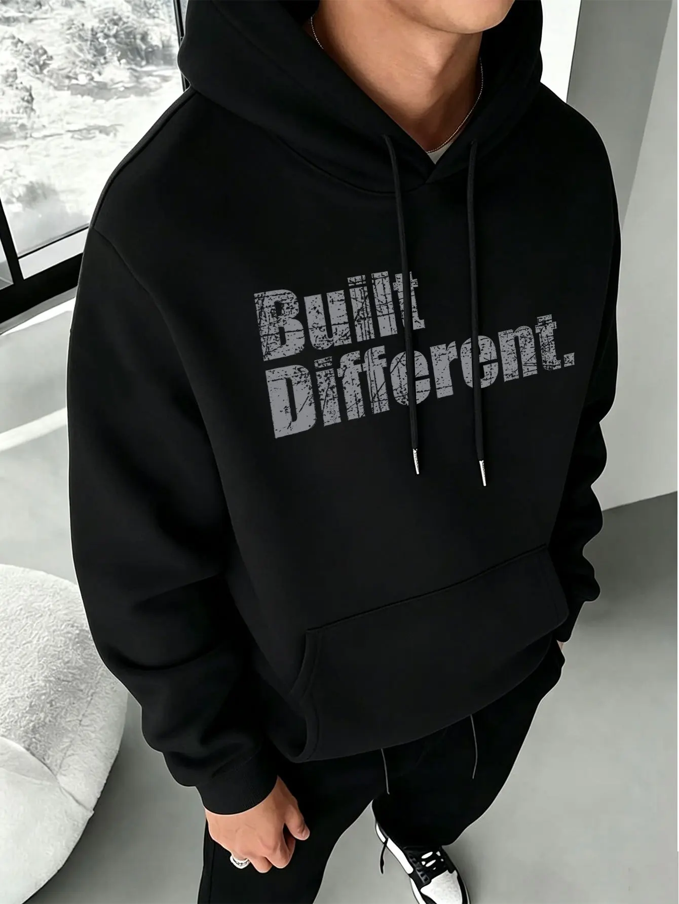 American High Street Distressed Letter Men's Hoodie, Slim Fit Daily Commute Pullover Sweatshirt S-3XL