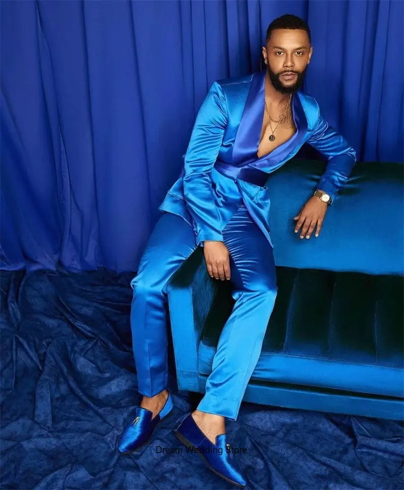 Trang Phục D'homme 2 Chiếc Áo Phù Hợp Với Lụa Satin Cưới Tuxedos Đảng Hứa Phù Hợp Với Thời Trang Công Sở Màu Xanh Cho Tốt Nhất Người Áo bộ Đồ