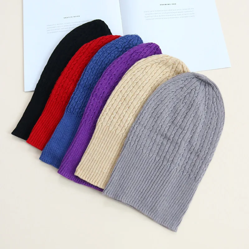 Silk Cashmere Knitted Hat Warm Women\'s Woolen Skullies and Beanies Big Head Circumlunar Autumn and Winter Show a Small Face Men