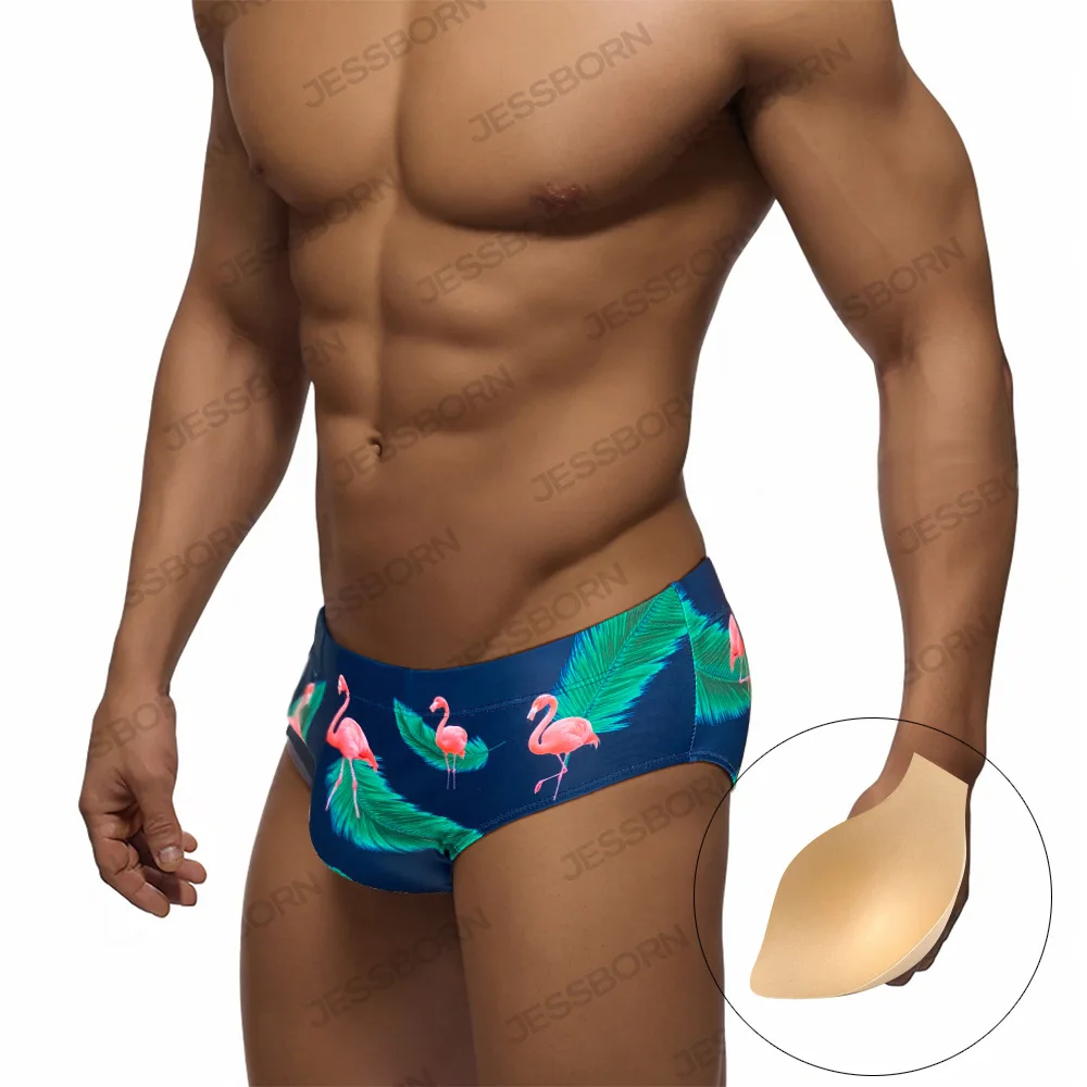 

2025 Flamingo Print Mens Swimming Trunks Low Waisted Sexy Gay Bikini Swim Briefs Breathable Beach Shorts Bathing Suit Swimwear