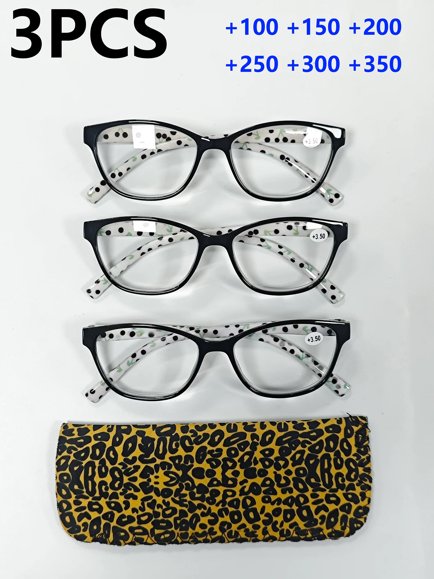 3 Stück Katzenaugen-Lesebrille mit modischem Polka-Dot-Muster, Federscharniere, leichtes Design für bequemes Tragen