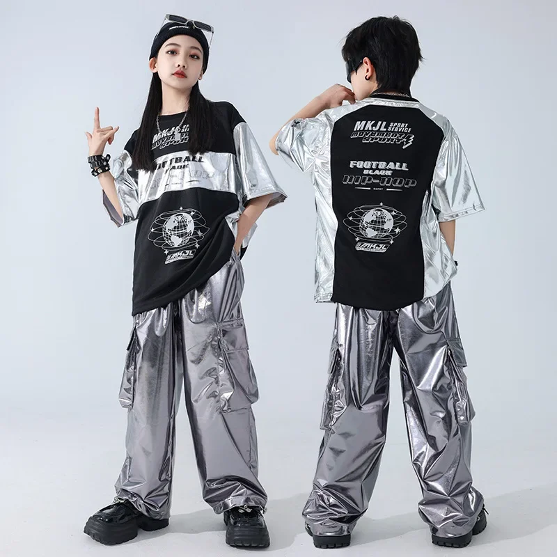 Jungen Hip Hop Patchwork T-shirt Silber Street Dance Cargo Hosen Mädchen Pailletten Streetwear Kinder Jazz Kleidung Kinder Bühne Kostüm