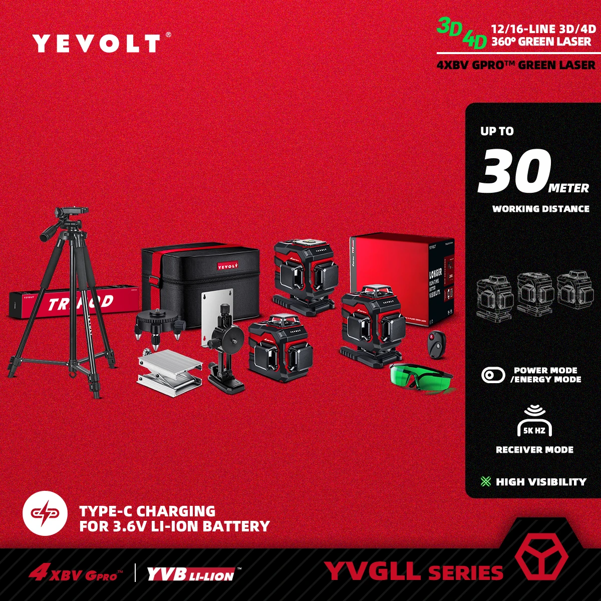 YEVOLT Green Laser Level TP-YVGLL4XS-Series 3/4-Plane 12/16-Line Self-leveling 360 Accurate Measuring Tool-1.5M Tripod