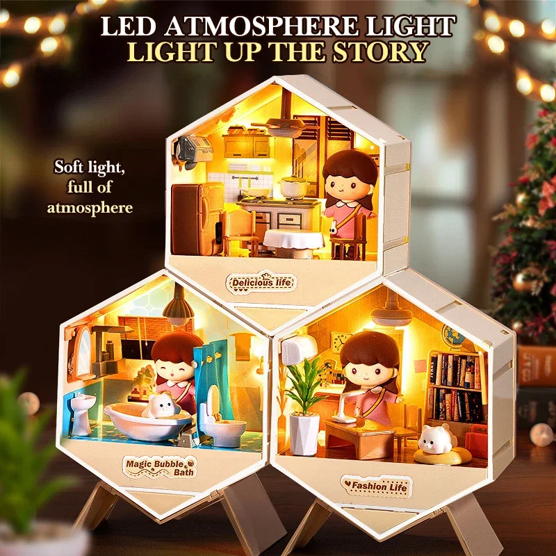 DIY Miniaturhaus Kit Simulierte Möbel Zimmer Mini Cottage Spielzeug für Mädchen Handgemachtes Kunsthaus Szene Spielzeug mit LED-Licht Dekor
