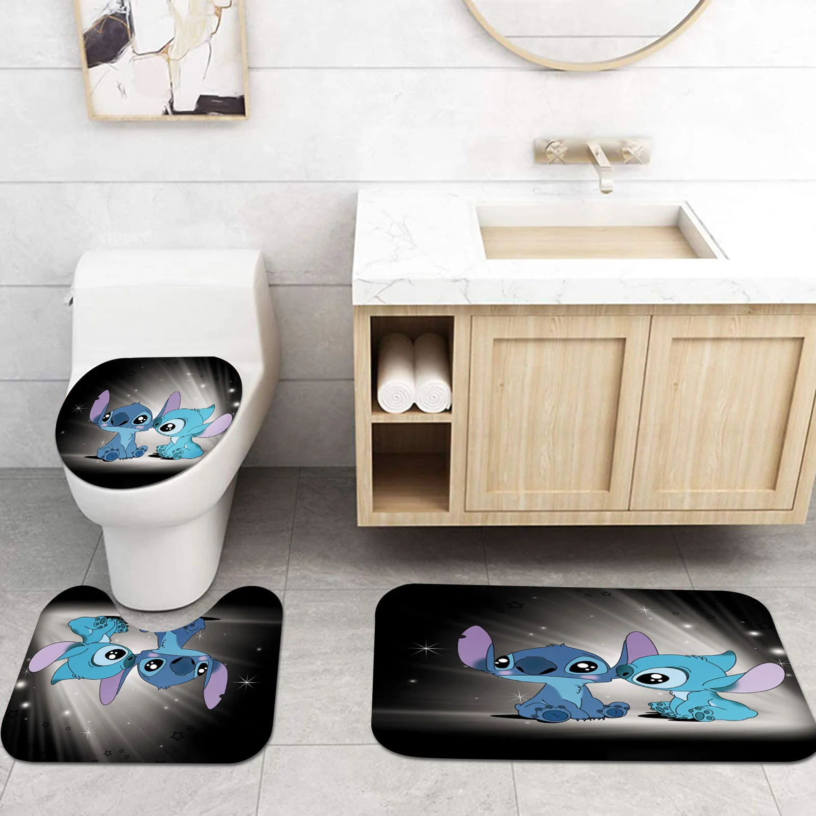 Stitch Anime Home 100% Polyester Bathroom Accessories 4 Piece Set Mats And Shower Curtain  Curtains Sets Luxury Waterproof