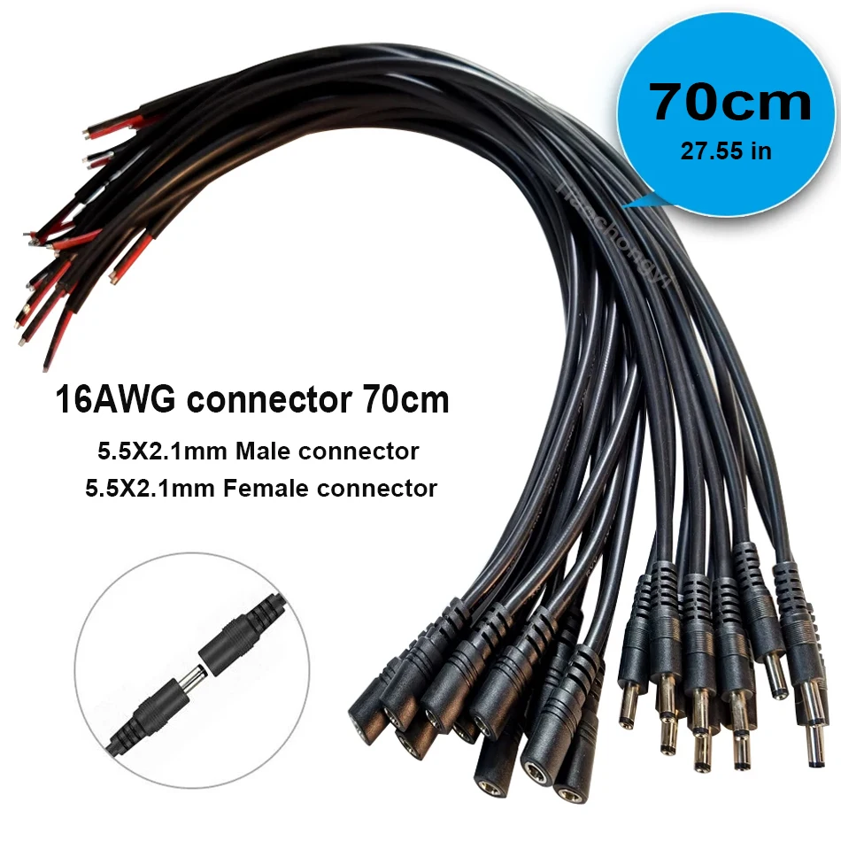 

70cm 16AWG DC Plug connector 5.5x2.1mm / 2.5mm Male Female Cable wire Connector Adapter Socket Jack For LED Light CCTV cameras