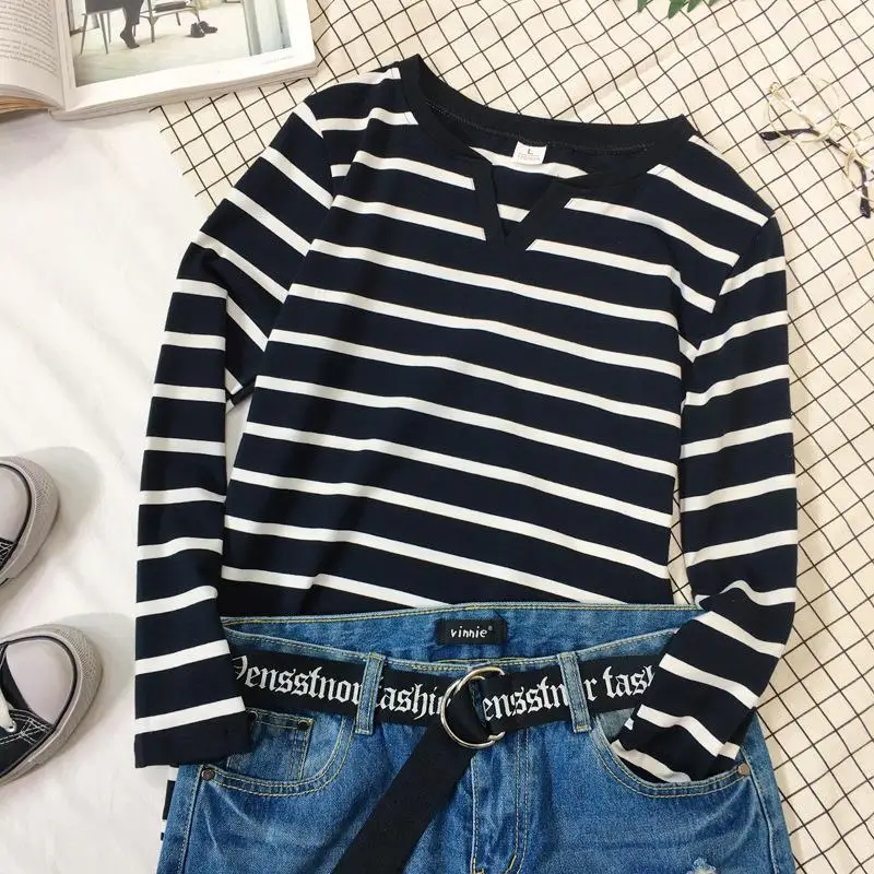 Long Sleeve Striped Contrast Youth Street Casual Tops Spring Autumn V Neck Loose Vintage T Shirts Trend Fashion Women Clothing