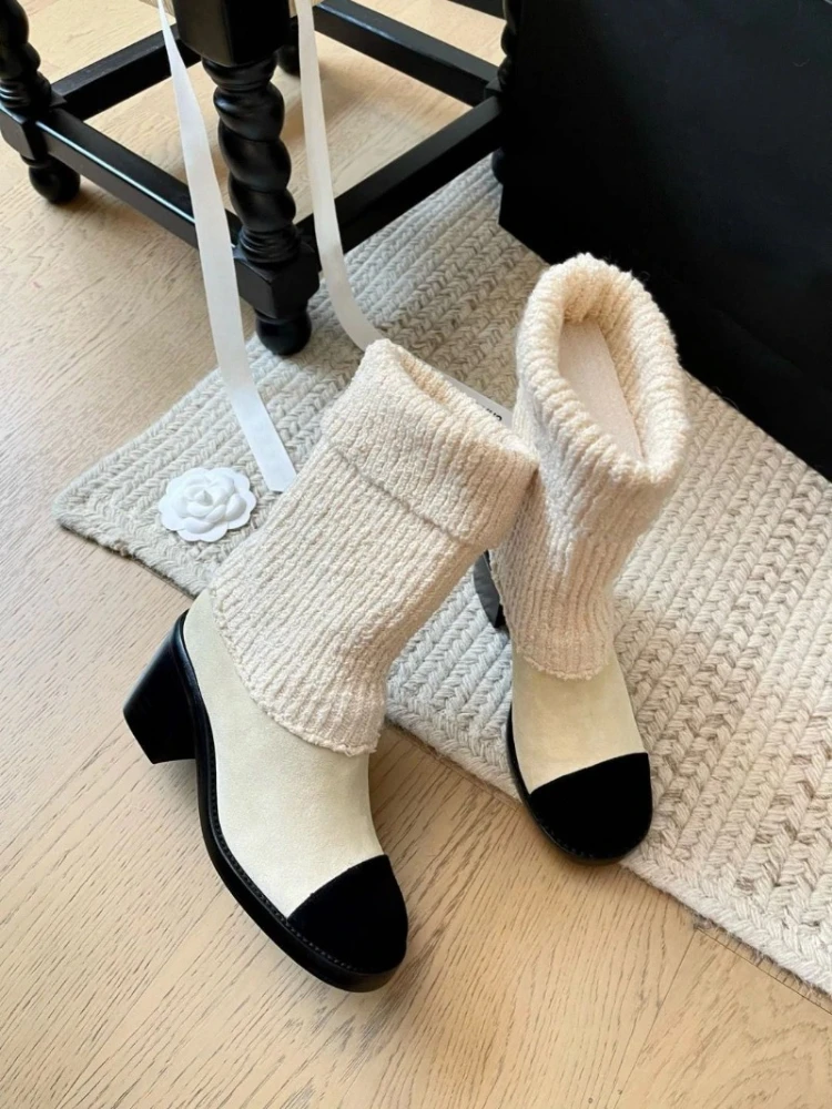 Sheepskin Knit Two Wear Elastic Ankle Boots Women's Autumn and Winter Mid-calf Women's Matching High-heeled Boots Hot Selling