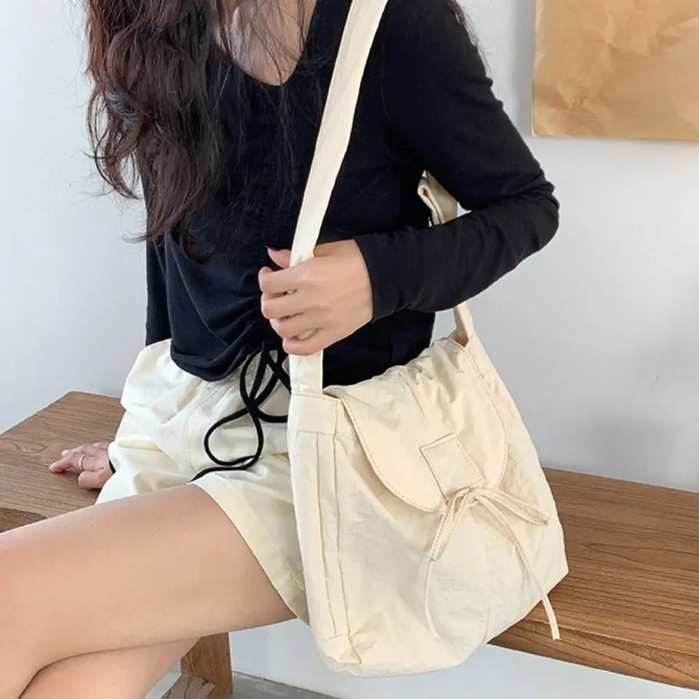 Korean Style Flap Nylon Bow Crossbody Bag Large Capacity Niche Design Light Soft Nylon Bag Zipper Tote Bag Shoulder Bag Women