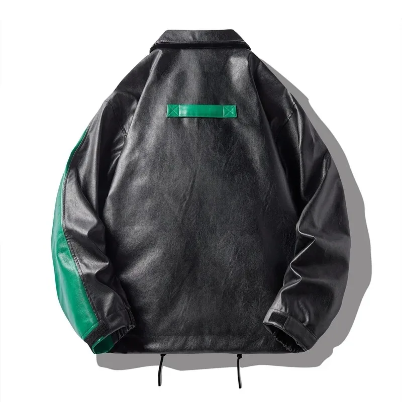 Motorcycle PU Leather Jacket Men Green Patchwork Spring Streetwear Vintage Hip Hop Oversize Coat Bomber Varsity Jacket Men 2024