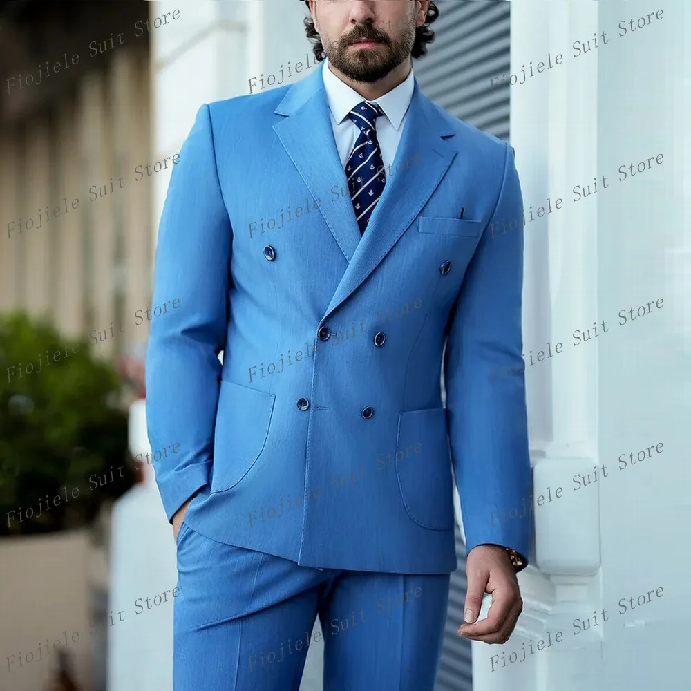 

New Blue Men Suit Business Groom Groomsman Prom Wedding Party Formal Occasion Male Tuxedos 2 Piece Set Jacket Pants
