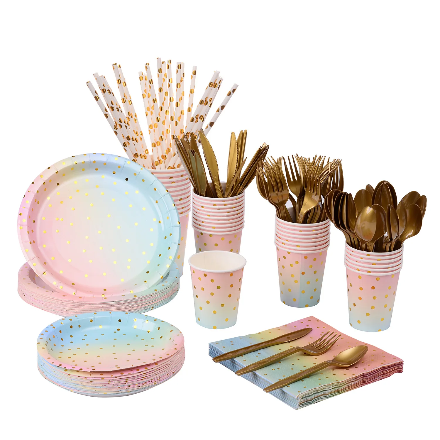 200 PCS Blue Pink Gold Foil Dot Tableware Set,Serves 25 Gender Reveal Baby Shower Party Paper Straws Napkins Plates Cups Cutlery