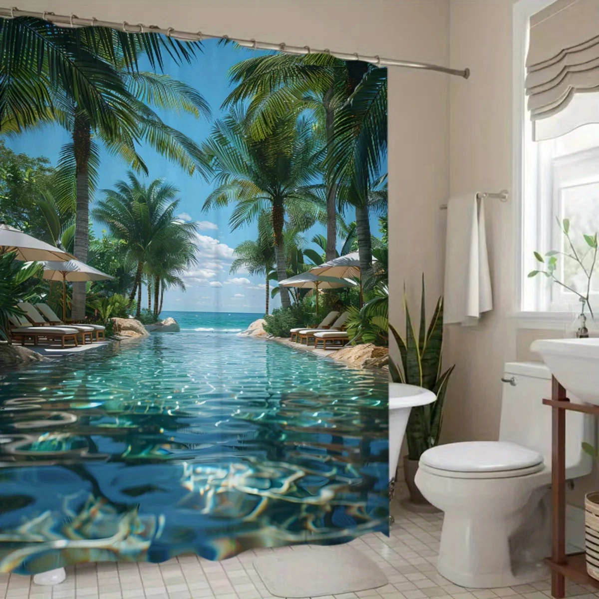 

1 шт., полиэстеровая занавеска для душа с тропическим пляжем и бассейном — яркие пальмы, декор для ванной комнаты с видом на океан, можно стирать в машине, без Dr
