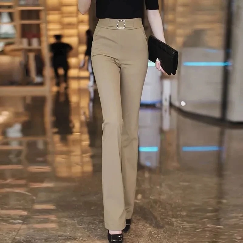 

White Pants Women Elastic High-waisted Micro Flare Pants Fashion Wild Professional Suit Pants Office Ladies Trousers Black Khaki