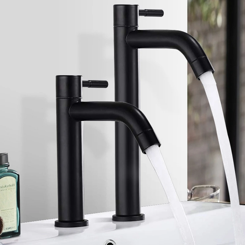 G1/2' Cold Only Basin Faucet Black Paint Stainless Steel Bathroom Waterfall Tall Sink Lavatory Vessel Tap Deck Mount Single Hole