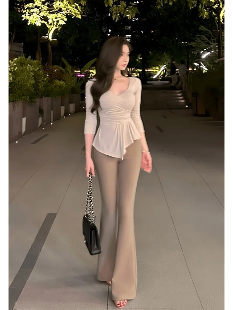 

Casual Sle High Waist Pants And irt Set Women's Faionable Slim Fit Leisure Wear V Ne Long Sve mid Weight No Fce