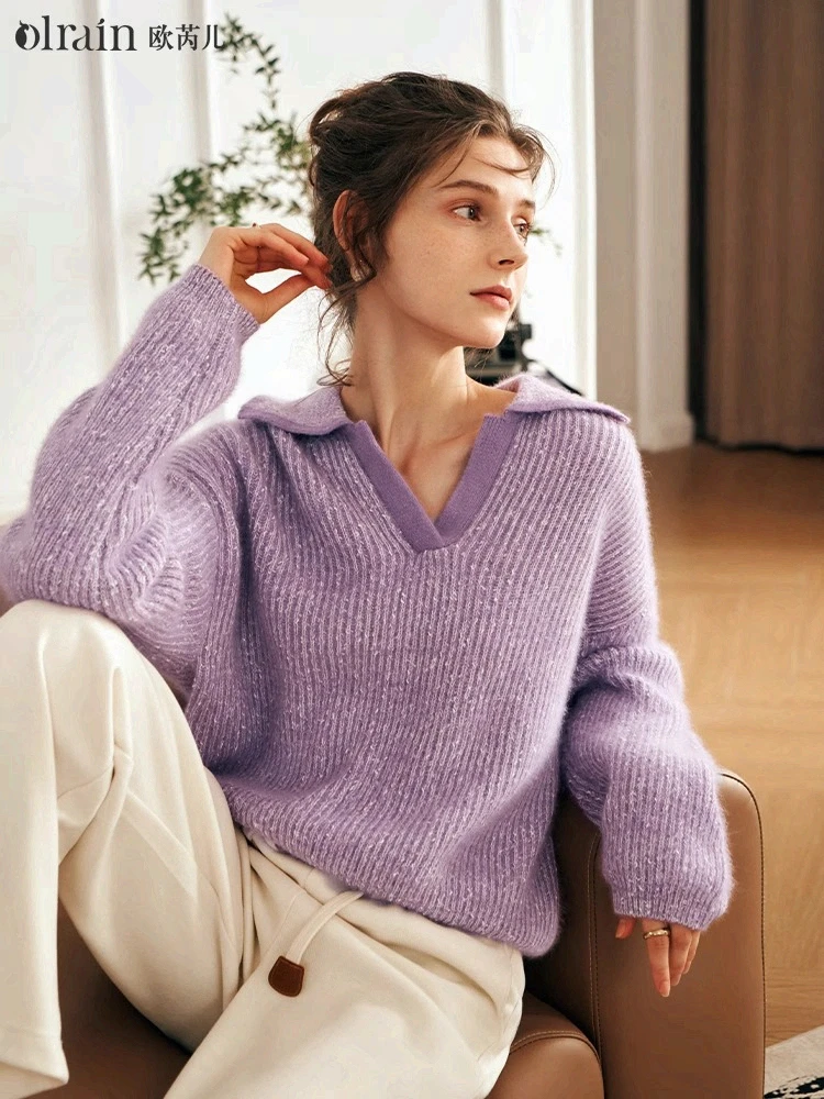 OLrain V-neck Knitted Sweater Women's Autumn 2025 New Contrasting Color Thin Pullover French Casual Loose Fit Tops O23DM69806