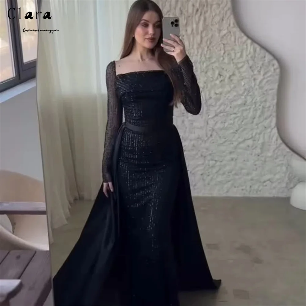 클라라 커스텀 블랙 피쉬테일 스퀘어 칼라 샤이니 럭셔리 여성 이브닝 드레스 럭셔리 2025 커브드 엘레강트 파티 드레스