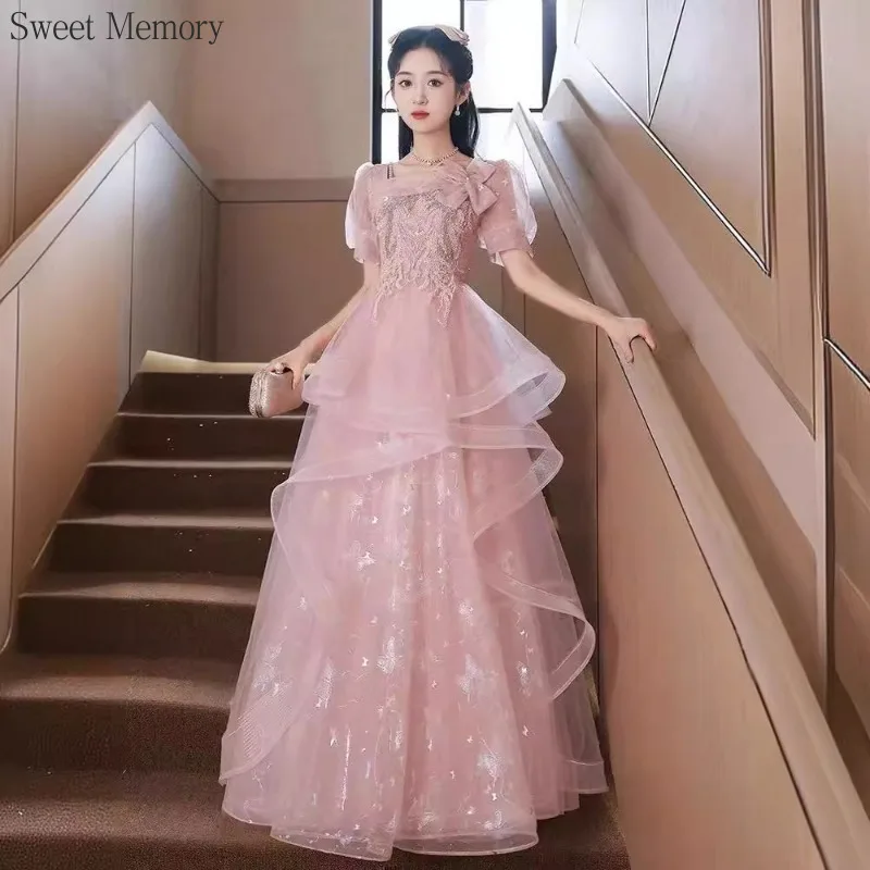 A145 Sweet Memory Princess Girl Long Pink Evening Dresses Short Sleeve Square Collar Performance Stage Singer Formal Dress