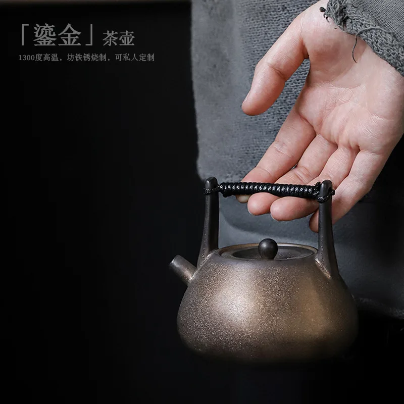 

Керамический чайник с поворотной ручкой, золотое позолота на винтажном горшке ваби-саби, керамический чайник в японском стиле, художественная чайная церемония