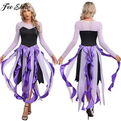 Women Mermaid Octopus Sea Witch Ursula Cosplay Costume Long Sleeve Sheer Mesh Asymmetrical Dress for Halloween Carnival Party