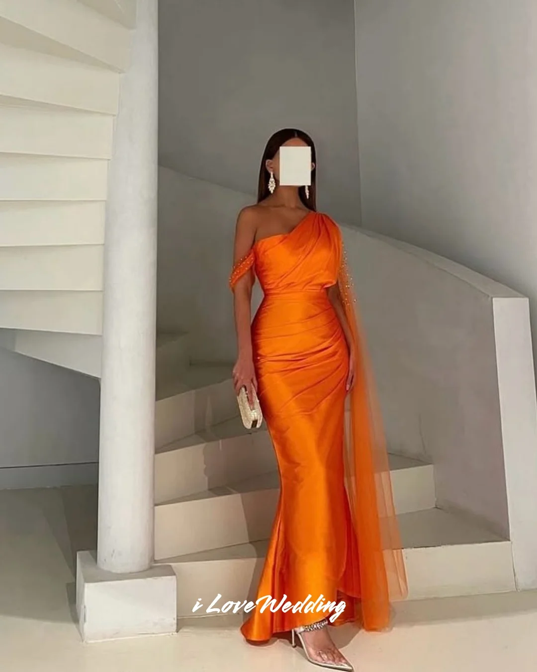 

Orange One Shoulder Evening Dresses 2025 Satin Sleeveless Mermaid Beading Pleated Floor-Length Wedding Party Dresses Customized