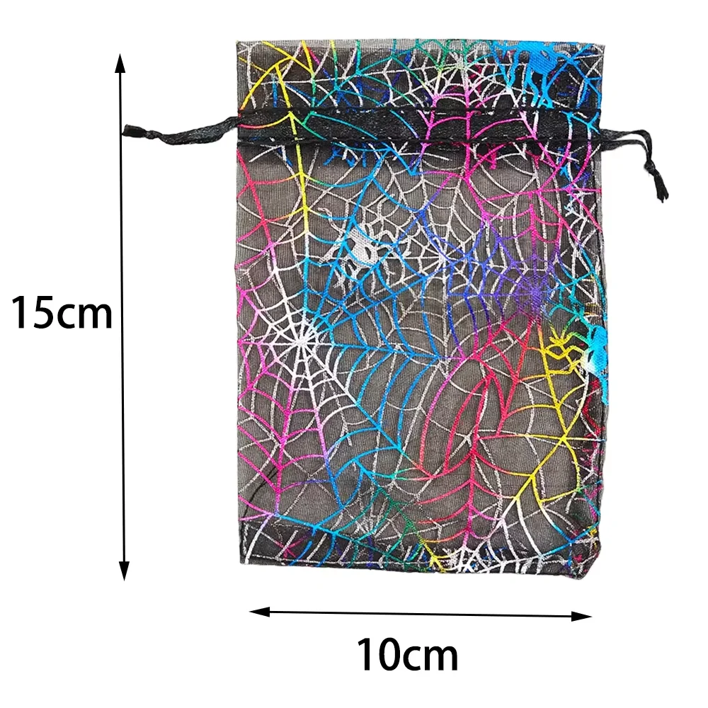 25/50/100pcs 10x15cm Colorful Spider Halloween Organza Gift Bag Web Printing Packaging Gift High Quality Drawstring Candy Bag view 4
