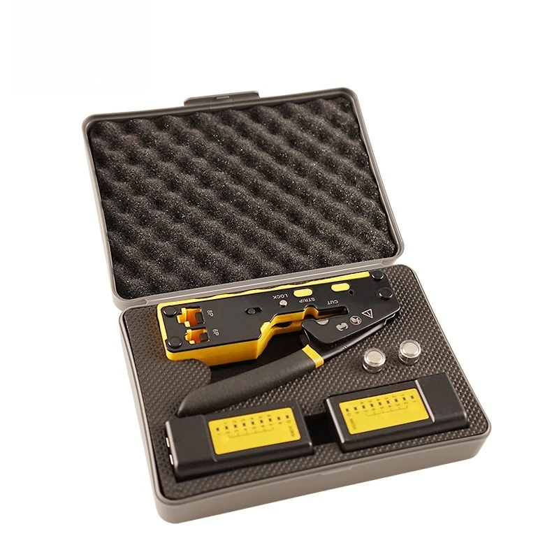 Multi-function Through-Hole Crimping Tool Kit for Cat5 Cat6 Cat7, Network Crimper Set with Portable LAN Cable Tester