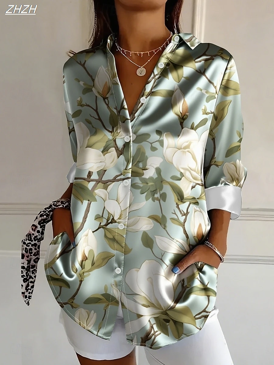 

Women's 2025 Long Sleeve Shirt, Polyester Blend Slim Fit, Floral Elegant Graphic Casual Daily Wear, Spring Autumn Blouse Tops