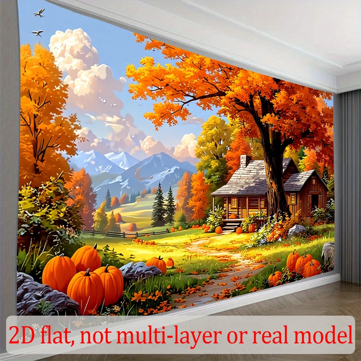 Autumn Pumpkin Harvest Cabin Landscape Tapestry 2D Flat Fall Season Scenery Wall Hanging for Living Room Bedroom Decor Fabric