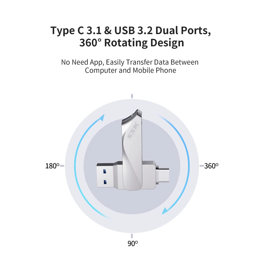 SSK 2 in 1 OTG USB 3.2 & Usb-C Flash Pen Drive Memory Stick Usb3.2 Flash Disk 64GB/128GB/256GB Type C Pendrive for PC Tablet