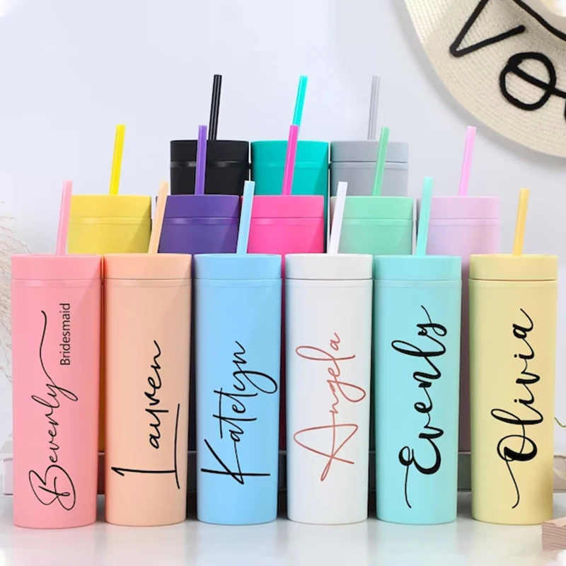 Personalized Custom Slim Skinny Tumblers 16oz Matte Acrylic Water Bottle With Lid Bride and Groom Water Cup Bridesmaid Gifts