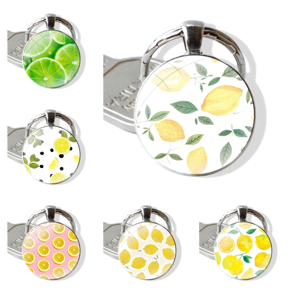 lemon fruit flower 25mm Glass Cabohcon Keychain Key Rings for Women Men Jewelry Gift