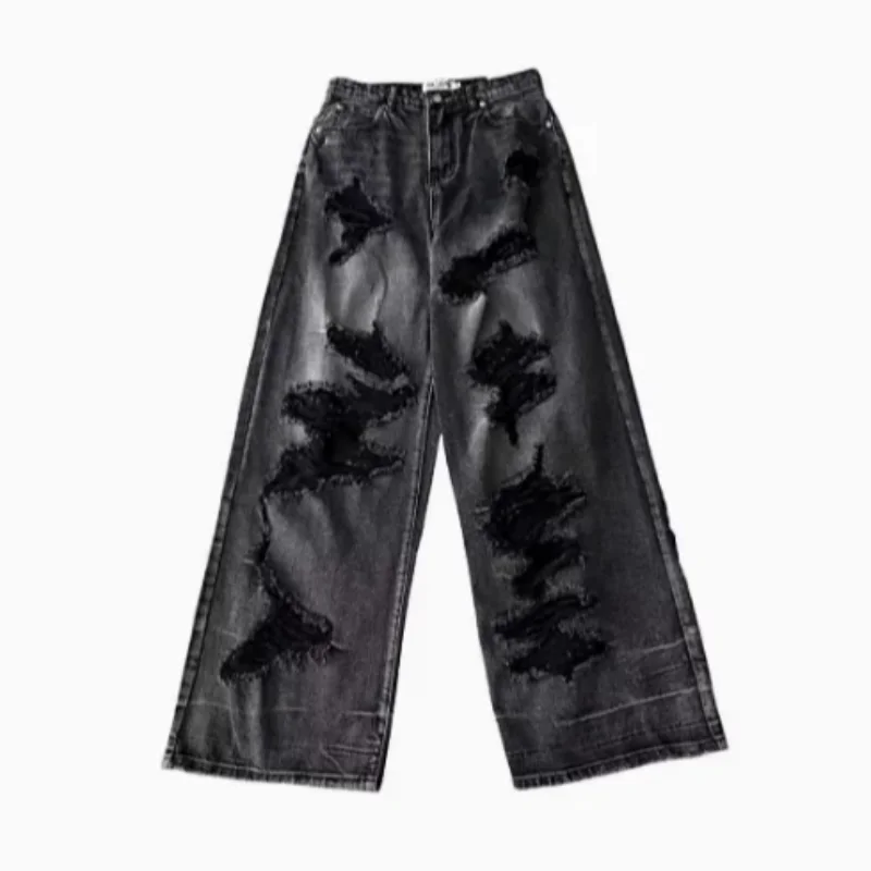 

Винтажные широкие свободные прямые брюки, мужские корейские летние уличные модные персонализированные крутые рваные джинсы, женские