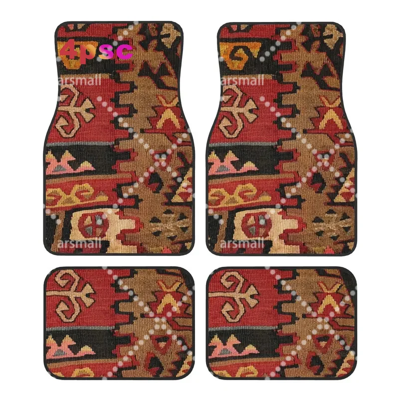 4PCS Crystal Velvet Car Floor Mats Turkish Kilim Persian Carpet Navaho Weave Tribal Ethnic Art Auto Front And Rear Foot Mats