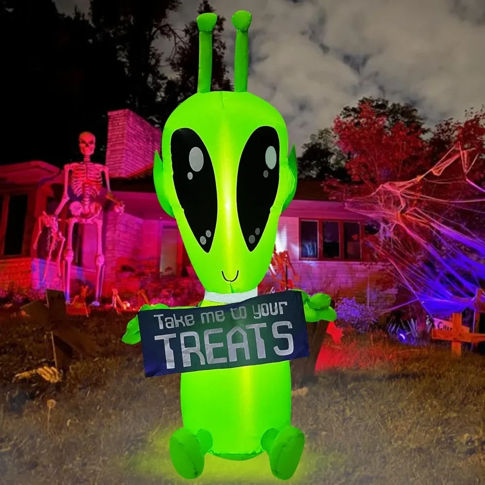 Halloween Inflatable Decorations Alien with Banner Blow Up Built-in LED for Holiday Lawn Yard Garden Home Indoor Outdoor Decor