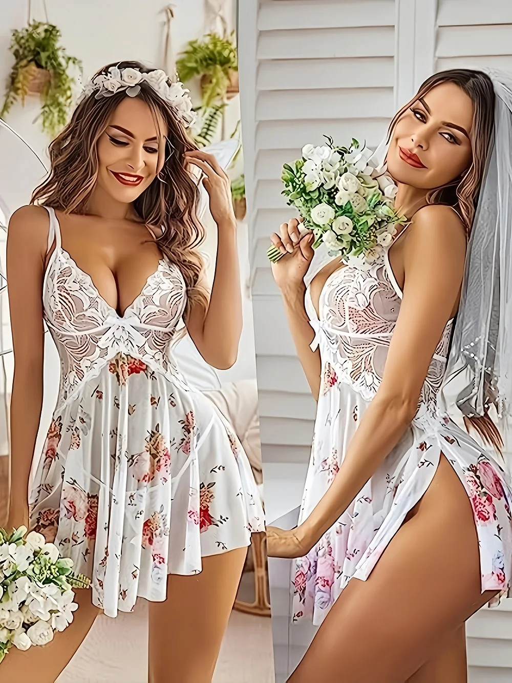 Women's Sleepdress Lace Floral Print Nightdress Comfortable Spaghetti Strap Sleepwear Dress Luxurious Slip Nightdress Set image 2