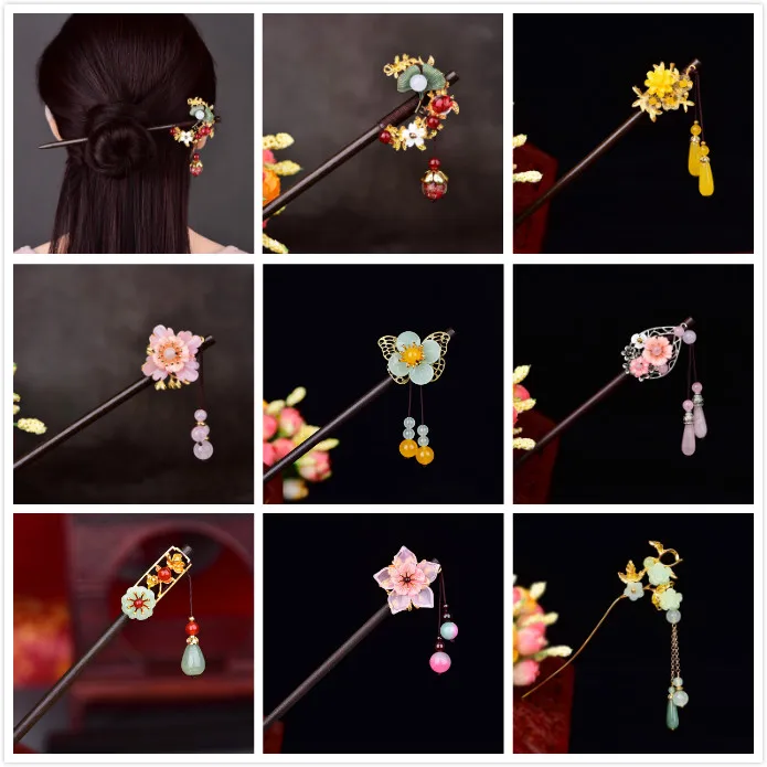 Ethnic Style Retro Exquisite Synthetic Flower Hair Sticks Ancient Classical Chinese Court Empress Hair Sticks Jewelry