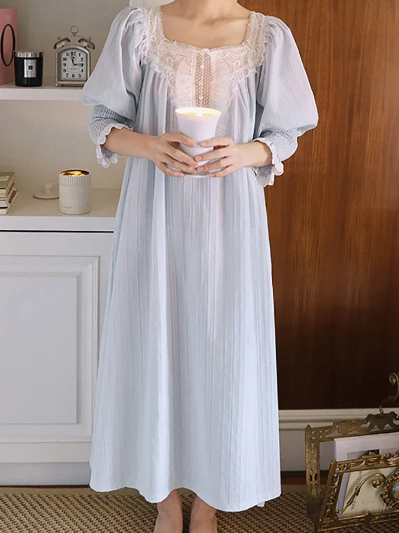 Women Pure Cotton French Fairy Pajama Nightdress Vintage Princess Long Sleeve Mesh Spring Autumn Victorian Nightgowns Sleepwear