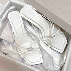 Heart-shaped Crystal Sandals with Sugar Pink Sandals 2024 Summer New Socialite Square Toe Open-heeled Stiletto Strap Heels
