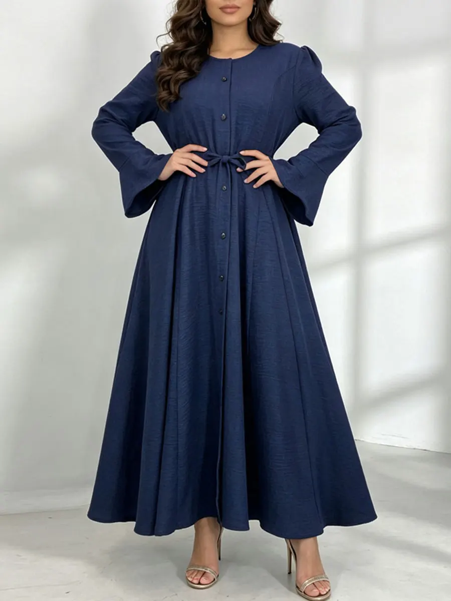 Women Modest Abaya Round Neck Button Front Waist Tie Maxi Dress Flare Long Sleeve A‑Line Muslim Robe Ramadan Eid Cothes