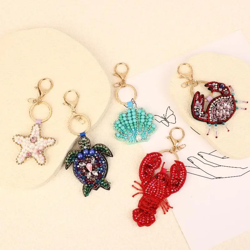 New Rhinestone Lobster Beaded Pendant Pretty Hand Sewn Bag Charms Crab Shells Turtle Hanging Rope Patches Applique Bag Lanyard