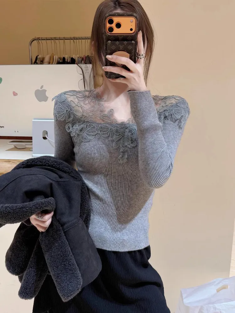 

Кружевной вязаный свитер для женщин, облегающий, с V-образным вырезом, длинными рукавами, мягкий, дышащий, повседневный, модный.
