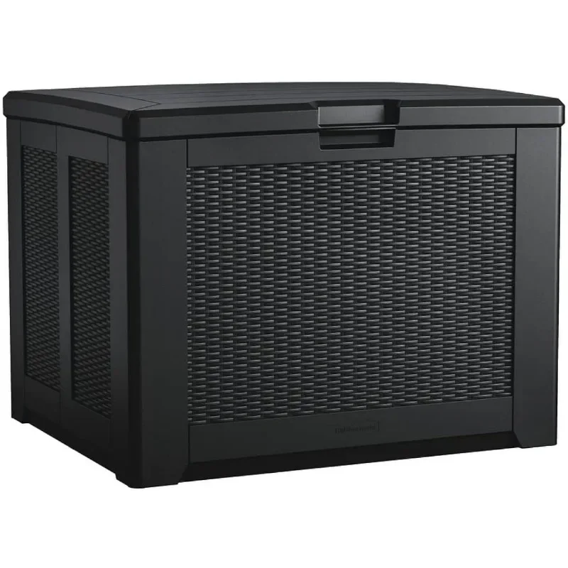 Rubbermaid Medium Resin Outdoor Storage Deck Box 74 Gal Charcoal with Decorative Basketweave Pattern for Back-Yard Garden