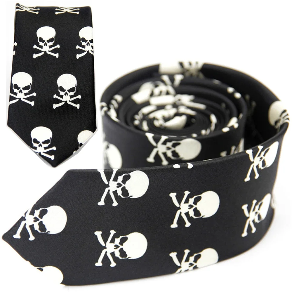 

Slim Neck Tie for Men Women 5cm 2" Black White Skull Pattern Gothic Steam Punk Street Fashion Necktie