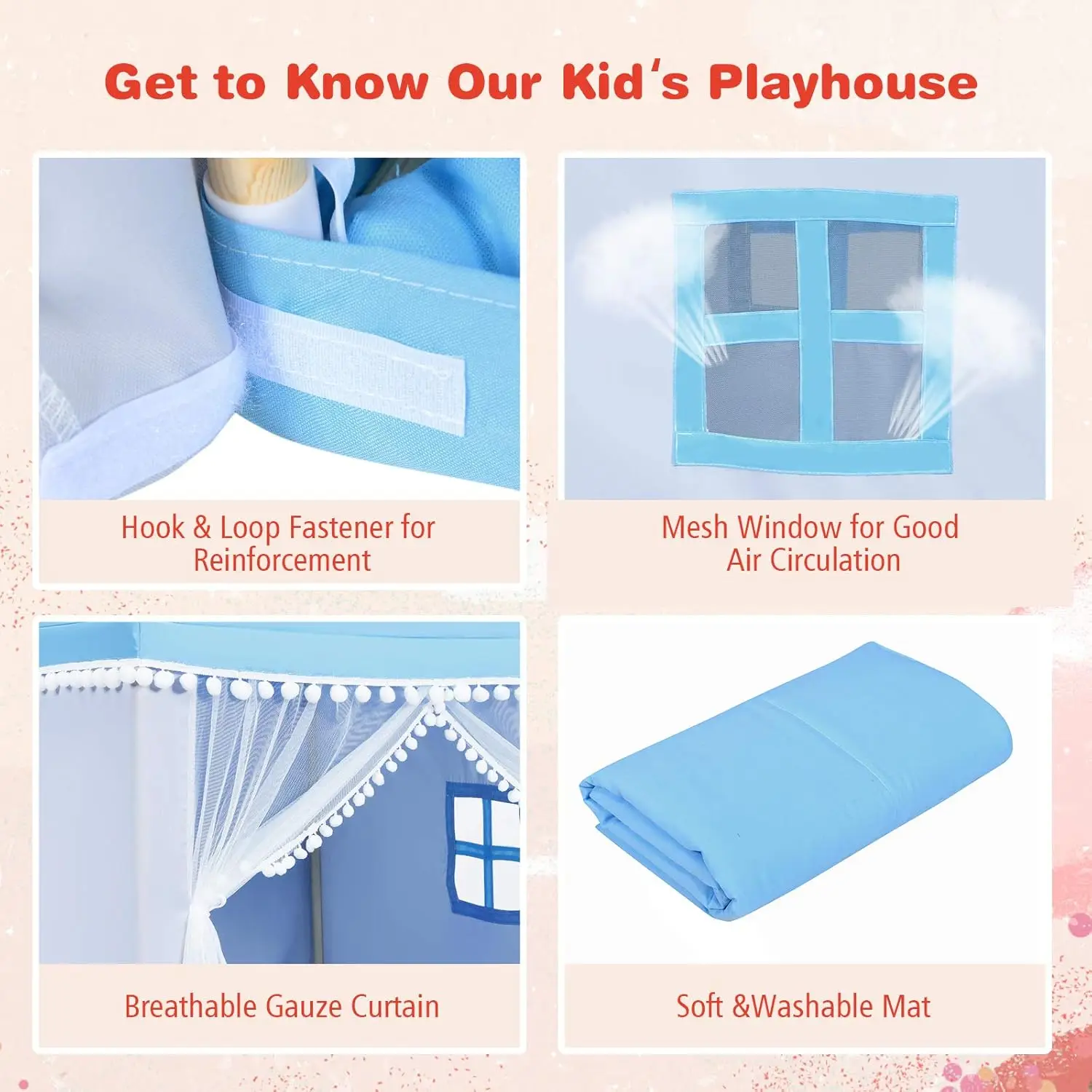 Tente de jeu pour enfants, grande maison de jeu avec tapis lavable, fenêtres, cadre en bois massif, tente de princesse intérieure et extérieure pour enfants garçons et filles